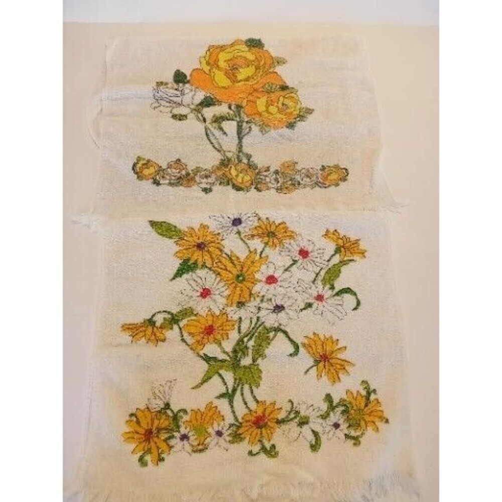 2 Vintage‎ Bath Towels Orange Yellow Floral 60s 70s Cone Made in USA